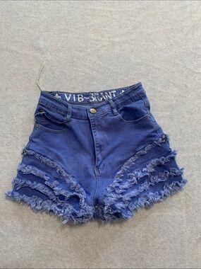 Blue Frayed Layered hem Denim Shorts